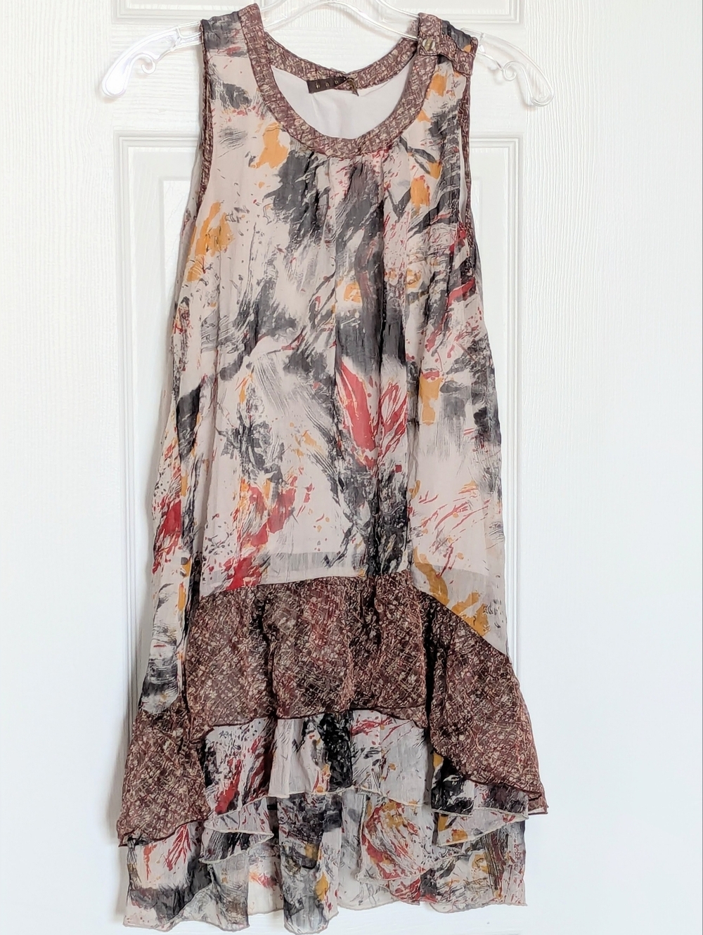 Women's (Medium) Sheer Lined Sleeveless Abstract Print High-Low Mini Dress